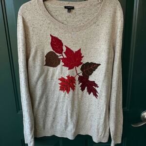 Talbots Sweater XL Fall Leaves Oatmeal Speckled Fall Autumn Thanksgiving Colors